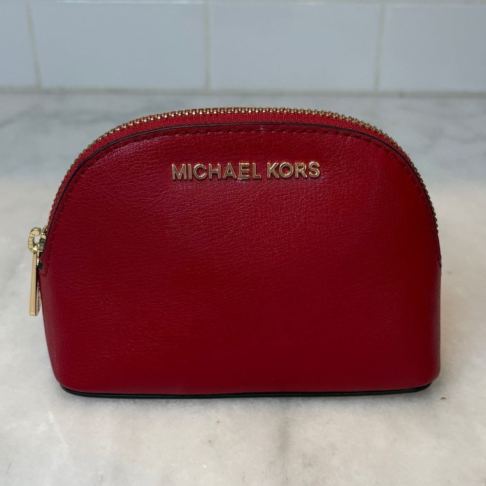 Michael Kors Travel Bag Cherry Red Leather Dome Cosmetic Case Pouch Clutch